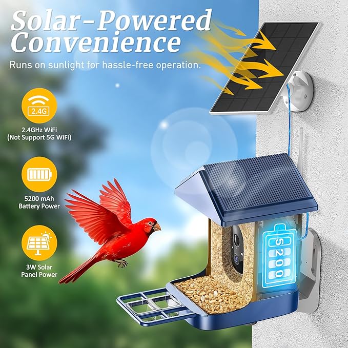 Smart Bird Feeder with Camera & AI Identification, 2K HD Live View, Solar Powered, Instant Arrival Alerts, IP65 Waterproof for 10,000+ Bird Species