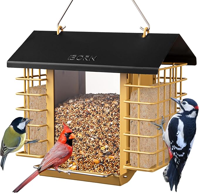 iBorn Bird Feeders for Outdoors,Bird Feeder with Double Suet Holders,Suet Feeder for Outside Hanging,Large Weatherproof Metal Roof,3.2 LBs Seeds Capacity + 2X Cakes,Easy to Refill & Clean,1 Pack,Black