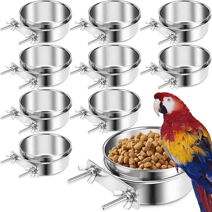 ToLanbbt 10 Pcs Stainless Steel Bird Food Bowls Water with Double Screws and Clamp Holders, Parrot Feeding Dish Cups Parrot Cage Coop Feeders for Cockatiel Conure Budgie Parakeet Macaw Small Animal, S