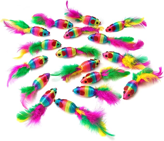 CHIWAVA 24PCS 5" Rattle Cat Toys Mice with Feathers Rainbow Rope Mouse Kitten Interactive Toy Assorted Color
