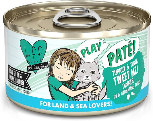Weruva B.F.F. Play - Best Feline Friend Paté Lovers, Aw Yeah!, Turkey & Tuna Tweet Me! with Turkey & Tuna, 2.8oz Can (Pack of 12)