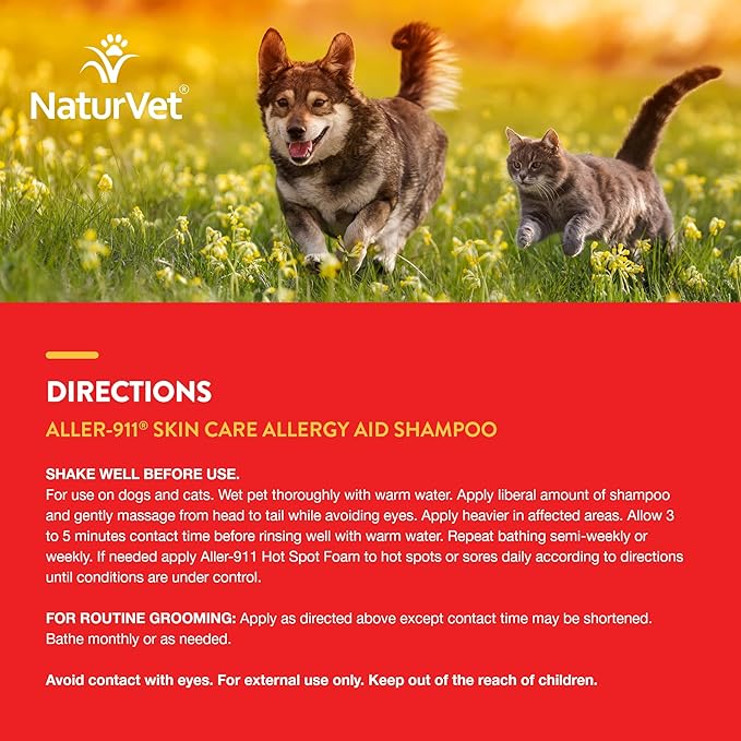 NaturVet Aller-911 Skin Care Allergy Aid Pet Shampoo with Aloe Vera – Pet Health Supplement Shampoo & Grooming Aid for Dermatitis, Dog Skin Allergies, Itching, Hot Spots, Cat Rashes – 16 Oz.