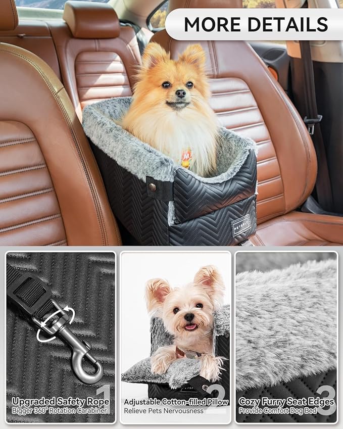 PETSFIT Center Console Dog Car Seat with Safe Protection Hooks, Pet Car Seat with Upgraded Safety Tethers, Washable Cushion, Console Dog Car Seats for Small Dogs Up to 8 Lbs(Black)