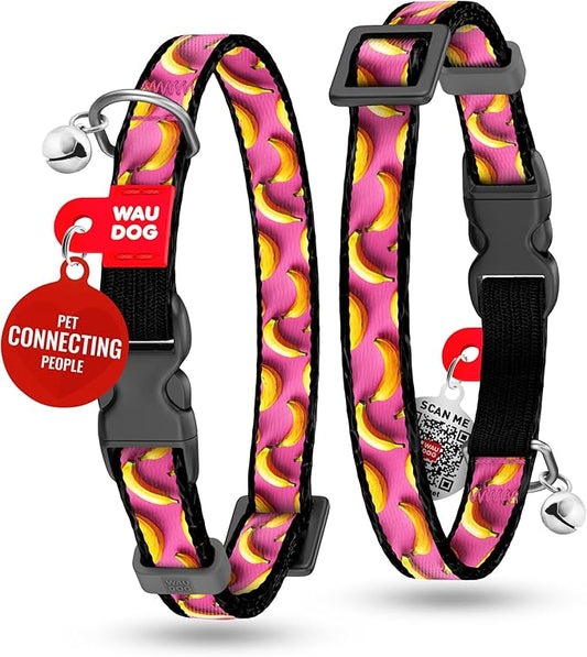 WAUDOG Nylon Cat Collar with Removable Bell and QR ID Tag for Small, Medium and Large Breeds Adjustable Long Lasting Durable Kitten Collars Boy & Girl