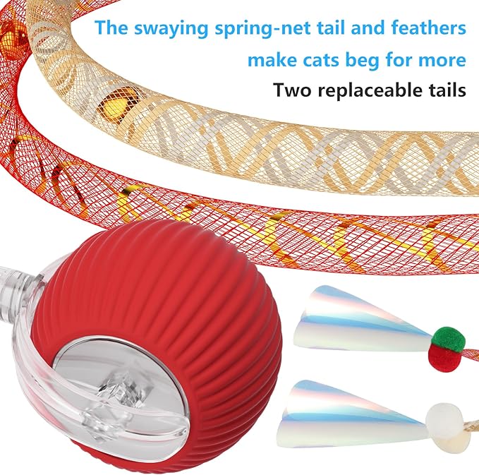 Interactive Cat Toys for Indoor Cats, 2025 New Generation Interactive Cat Ball Toy with Elastic Mesh Tail, Automatic Cat/Kitten Toys with Chirping & Motion Activate, Cat Toys for Bored Indoor(Red)
