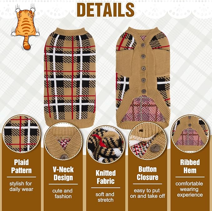 EXPAWLORER Cat Sweater Cardigan - Stylish Knit Cat Clothes, Plaid British Style Soft Puppy Sweater with Sleeve, Warm Pet Clothing Knitwear, Fall Winter Kitten Coat for Girl Boy Cats, Beige S