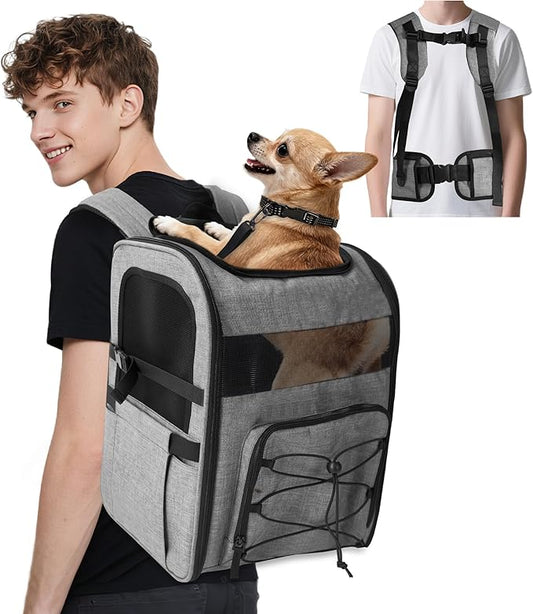 Dog Carrier Backpack for Small Dogs - Breathable Mesh Hiking Bag with Safety Buckle, Adjustable Straps and Standard Pad - Durable for Hiking (Fits Small Cats Too, Up to 17lbs, Gray)