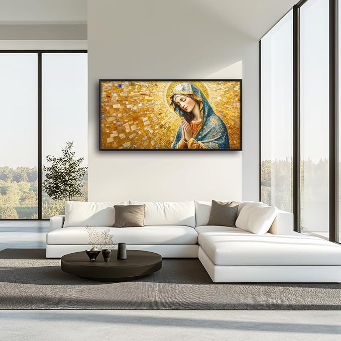 Extra Large Virgin Mary Framed Wall Art for Living Room,Oversized Golden Christian Religious Pictures Wall Decor,Canvas Print Painting Modern Artwork Bedroom Office Bathroom 60L" x 30W"