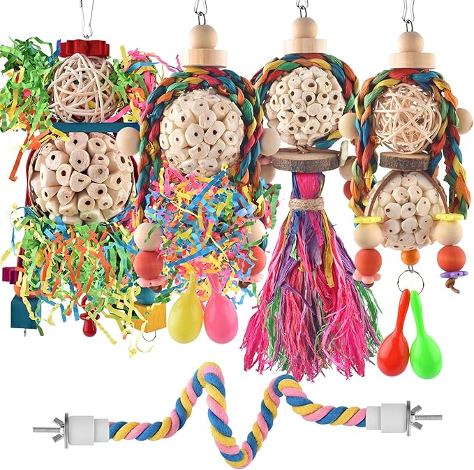 Bissap Conure Toys, 5 PCS Bird Foraging Shredder Hanging Swing Rope Perch Toys Sola Balls with Sand Hammer for Small Parrots Parakeets Conures Cockatiels Love Birds Cage Toy