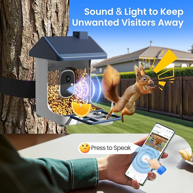 Smart Bird Feeder with Camera, 1.8L Solar Powered Bird Feeders for Outdoors, 2K AI Identify 10,000+ Birds Species, Birds Feeder Camera IP65 Instant Notification, Ideal Gift for Avian Lovers