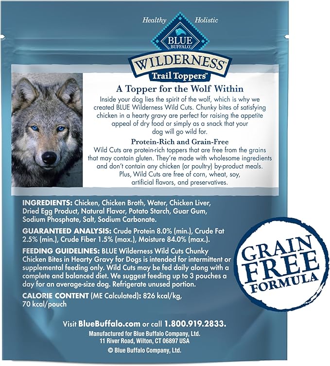 Blue Buffalo Wilderness Trail Toppers Wild Cuts Natural High-Protein Dog Wet Food, Chicken Bites in Hearty Gravy, 3-oz Pouch, 24 Count