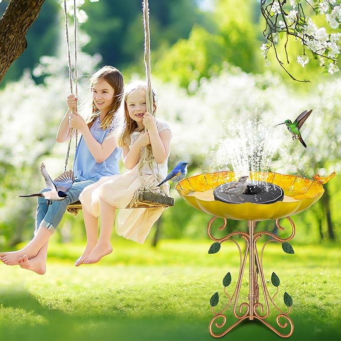 Vintage Metal Bird Bath for Outside, 13" Dia Birdbaths Bowl with Cast Iron Pedestal, Large Antique Bird Feeder with Folding Bracket for Outdoors Garden Patio Yard Decor (Retro Yellow)