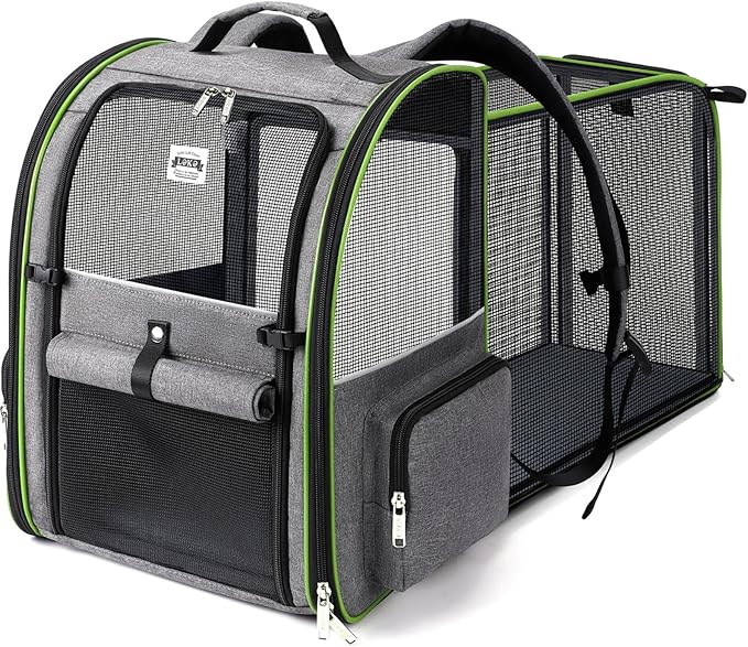 Lekebobor Large Cat Backpack Carrier Expandable Pet Carrier Backpack for Small Dogs Medium Cats Fit Up to 18 Lbs,Dogs Foldable Puppy Backpack Carrier for Travel, Hiking,Grey with Green Edge, XL
