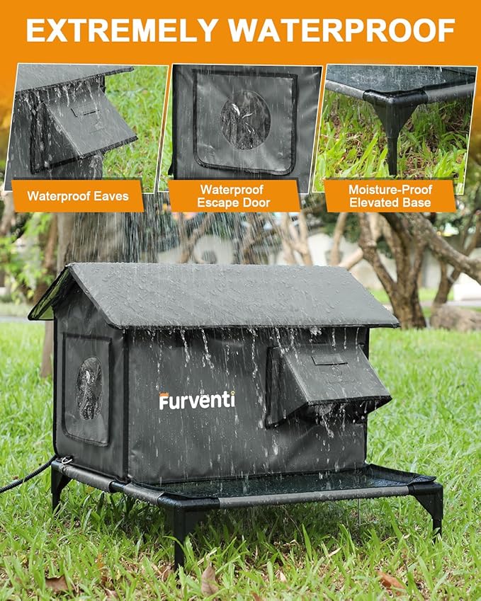 Heated Cat House for Outside,More Platform Space,Extremely Weatherproof & Insulated in Winter,Elevated Outdoor Cat Shelter with Eaves & Escape Door for Barn Feral Stray Cat(Dark Grey,Large)