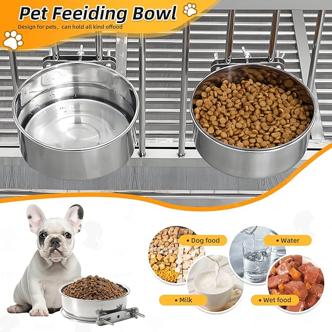 2 Packs Kennel Water Bowl Hanging Dog Crate Water Bowl No Spill Mountable Stainless Steel Dog Bowl Feeding Dish Wall Mounted Cat Food Bowls for Cats Guinea Pigs Rabbits