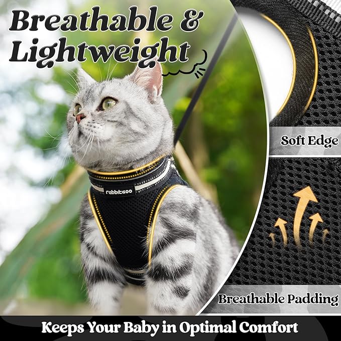 rabbitgoo Cat Harness and Leash Set for Walking Escape Proof, Adjustable Soft Kittens Vest with Reflective Strip for Cats, Comfortable Outdoor Vest, Black, L