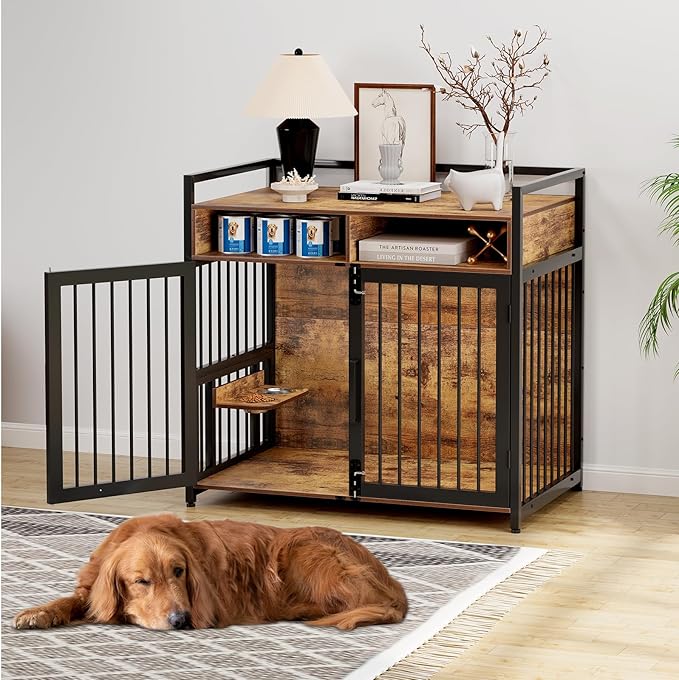 Furniture Style Dog Crate with Storage, 48 Inch Dog Crate Furniture with Double Doors, 2 Stainless Steel Bowls, Dog Crate Furniture-Style Crate for Large/Medium Dog