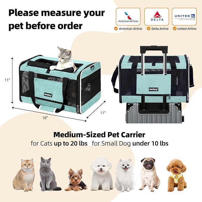 Cat Carrier Soft-Sided 18x11x11 Inch Travel Bag for Medium Cats Over 15lbs, Small Dog Carrier Crate Top Entry Breathable Mesh Puppy 12 Pounds, Pet Rabbit Carrying Cage Kennel Collapsible Teal