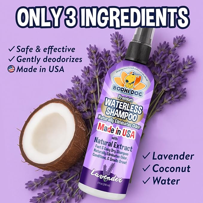 Bodhi Dog Waterless Shampoo - Natural Dry Shampoo for Dogs & Cats - Neutralizes Pet Odor - No Rinse Required - Made of Natural Extracts - Safe for Sensitive Skin - Made in USA - Lavender (8 Fl Oz)
