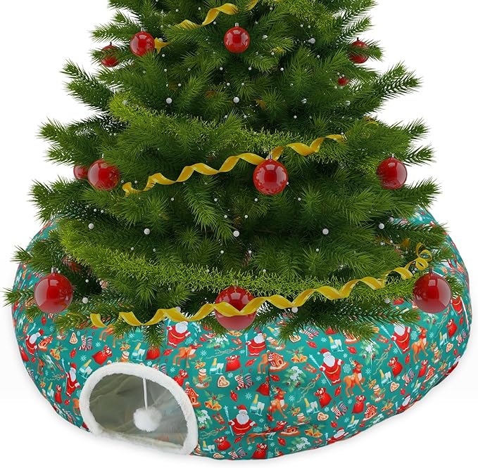 Christmas Cat Tunnel Bed for Indoor Cats Under Christmas Tree Skirt Tube with Hanging Ball Plush Cat Cave, Washable Holiday Pet Gift Toy & Gift for Kittens(Santa)