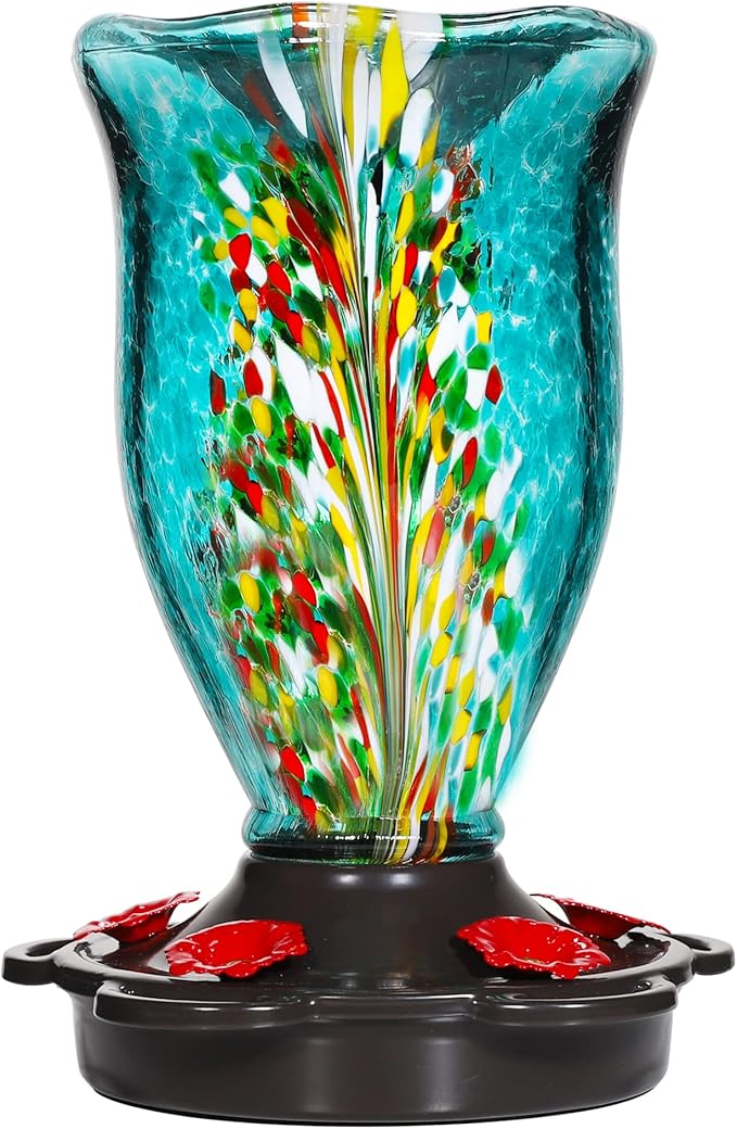 LUJII Hummingbird Feeders for Outdoors with Ant Guard, Blown Glass Hummingbird Feeder for Outside Hanging, 25 fl.oz, Never Leak, Unfading & Anti-Rust, Flower Vase, Garden Backyard Patio Decor, Blue