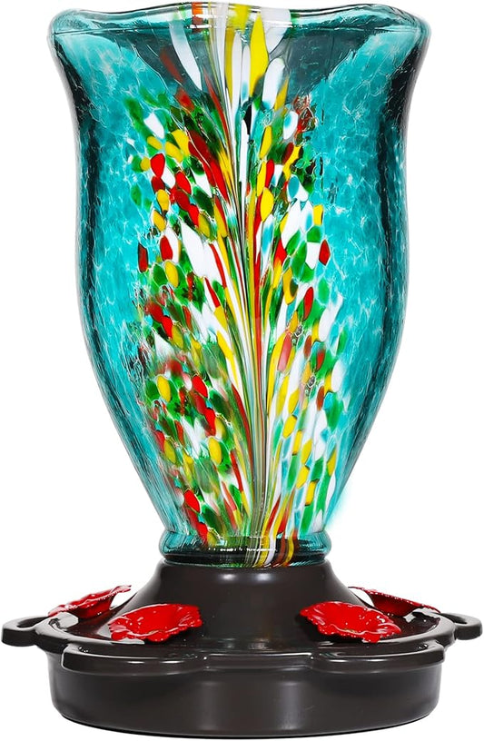 LUJII Hummingbird Feeders for Outdoors with Ant Guard, Blown Glass Hummingbird Feeder for Outside Hanging, 25 fl.oz, Never Leak, Unfading & Anti-Rust, Flower Vase, Garden Backyard Patio Decor, Blue