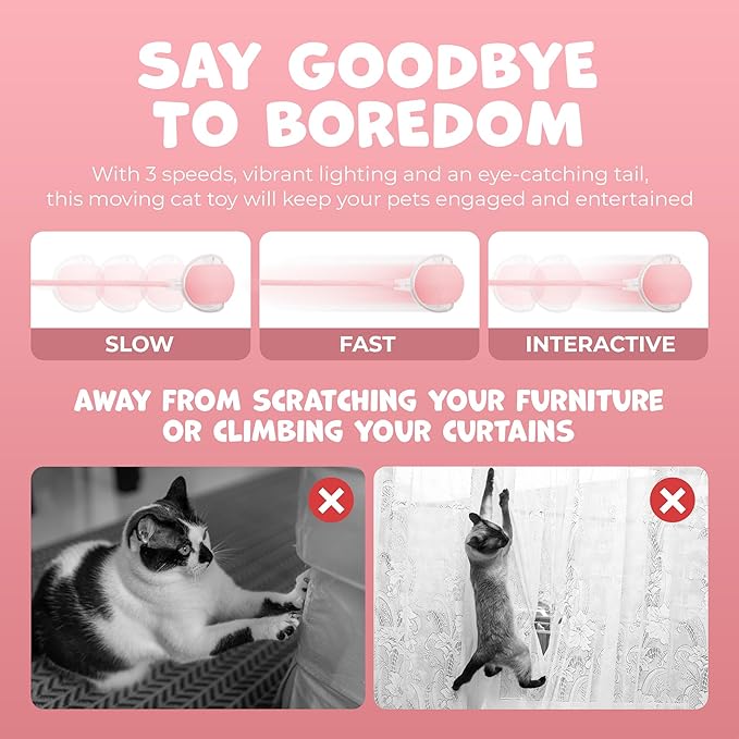 Pawlo Speedy Tail 2.0 Cat Toy –Teazys Turbo Tail Upgrade – Interactive Cat Toy – Kitten Toys – Automatic cat Toy for Boredom – Moving cat Toys for Indoor Cats with 2 Tails (Pink)