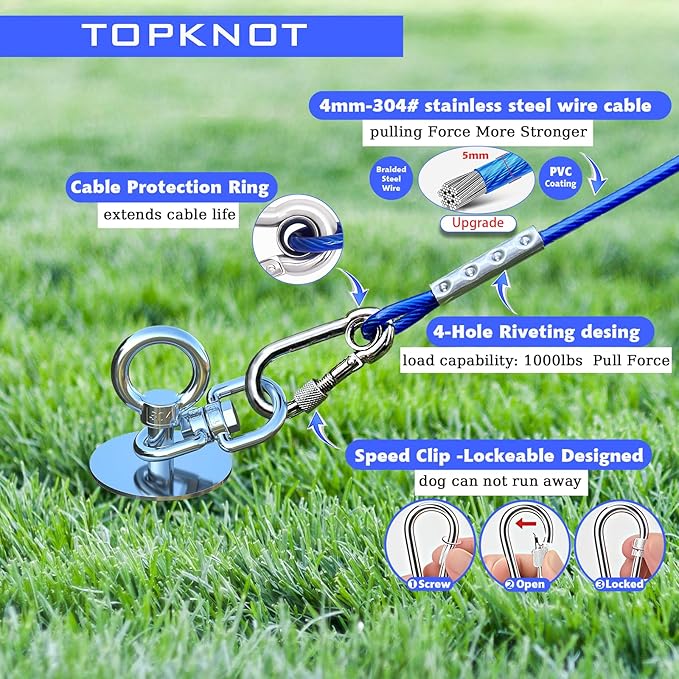 TOPKNOT Dog Tie Out Cable and Stake,20FT Heavy Duty Cable,360°Swivel Dog Run- No Tangle,Runner for Yard - Up to 200LBS,Chain for Yard Ideal for Outdoor Camping