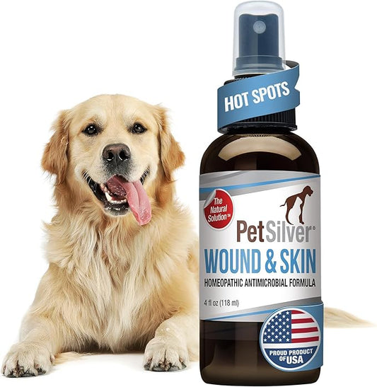 PetSilver Wound & Skin Spray - Dog Wound Spray, Hot Spot, Allergy Relief for Dogs, Itch Spray for Cats - Natural Skin Soother - Chelated Silver, Superior to Colloidal Silver - Made in USA - 4 fl oz