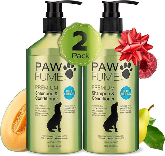 PAWFUME Dog Shampoo and Conditioner, Blue Ribbon, 2-Pack – Nourish & Detangle for a Silky Soft Coat – Probiotic, Deep-Cleaning, pH-Balanced Formula – Puppy Shampoo and Conditioner for All Breeds