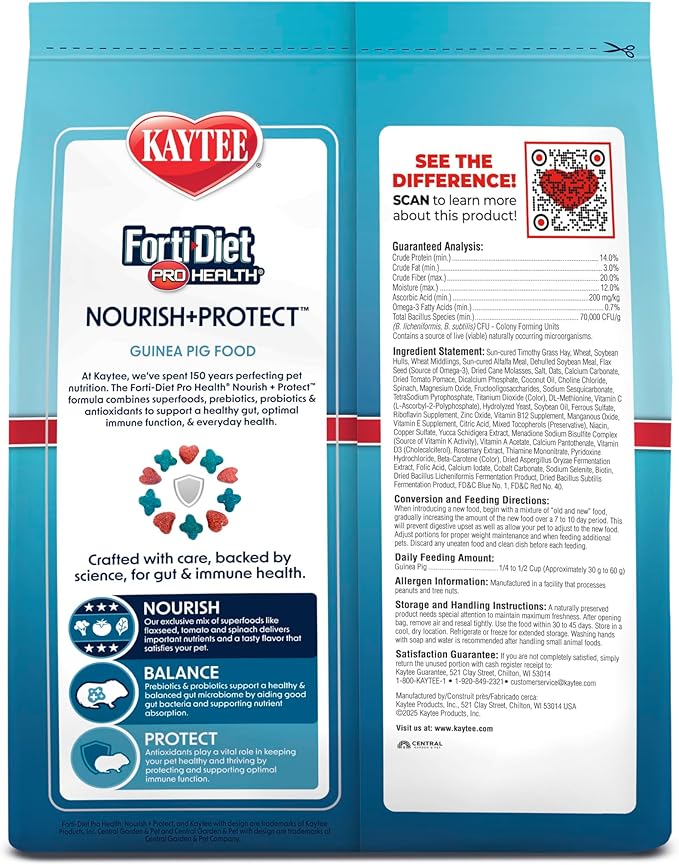 Kaytee Forti-Diet Pro Health Nourish+Protect Guinea Pig Food, Comprehensive Nutrition Backed by Science, Digestive Health, Immune Support, 5 pounds