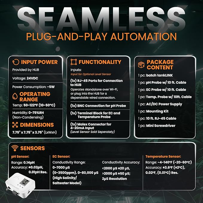 Batch tankLINK – Nutrient Tank Monitor with Sensors – Tracks Conductivity (EC), pH, Temperature & Water Level – Automated Refills & Real-Time Alerts for Controlled Environment Agriculture