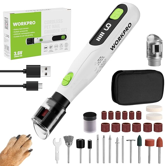 WORKPRO 6-Speed Dog Nail Grinder, Pet Nail Grinder for Small, Medium, and Large Dogs and Cats, 70 Accessories Rotary Tool with Type-C Charging Cable and Storage Bag for Sanding, Carving, and Polishing