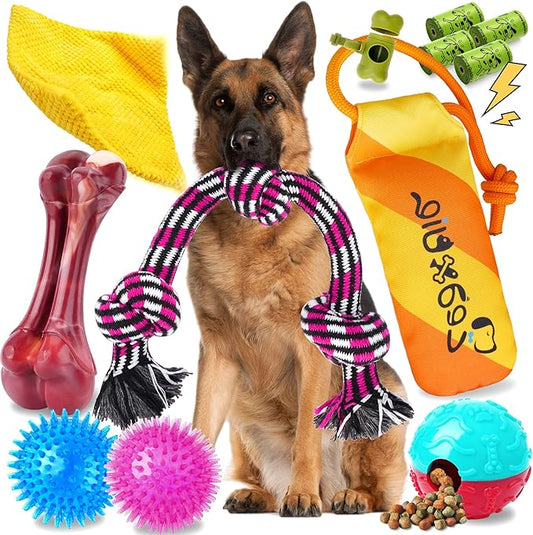 Zeaxuie 12 Pack Heavy Duty Various Dog Chew Toys Pack for Aggressive Chewers - Includes Large Rope Toy, Squeaky Toys & Indestructible Chew Bone for Medium, Large & X-Large Breeds Dogs