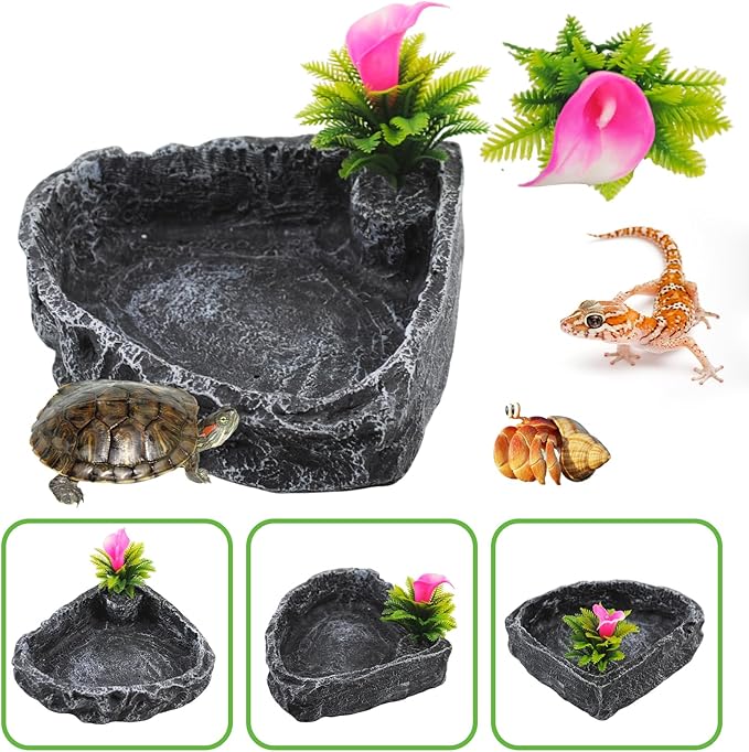 Reptile Water Dish Food Bowl,Corner Rock Terrarium Feeding Bowl Hermit Crab Water,Reptile Feeder Food and Water Dish,Tortoise, Lizard, Gecko, Chameleon, Bearded Dragon
