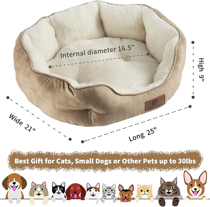 Asvin Medium Dog Bed for Medium Dogs, Cat Beds for Indoor Cats, Pet Bed for Puppy and Kitty, Extra Soft & Machine Washable with Anti-Slip & Water-Resistant Oxford Bottom, Light Brown, 25 inches
