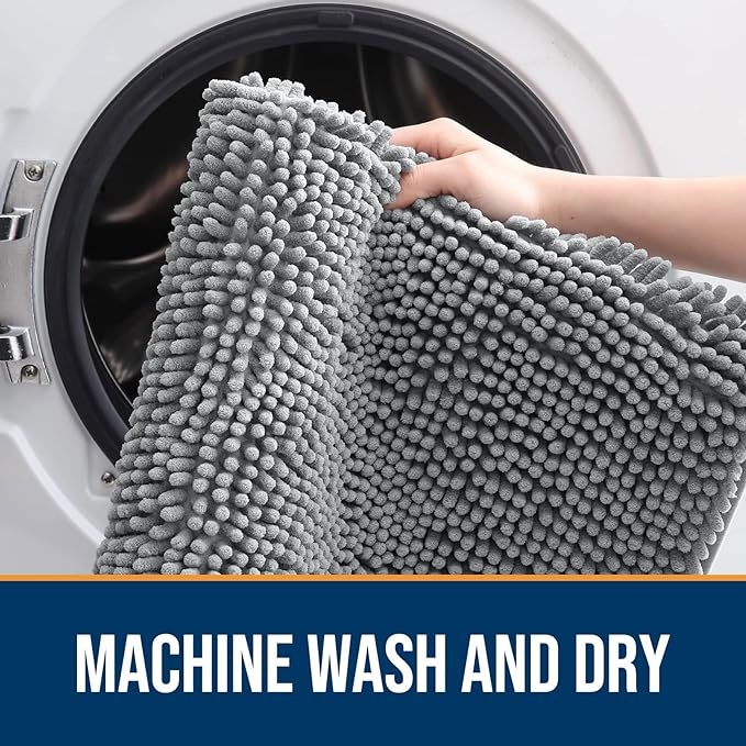 OLANLY Dog Door Mat for Muddy Paws 47x20, Absorbs Moisture and Dirt, Absorbent Non-Slip Washable Doormat, Quick Dry Chenille Mud Mat for Dogs, Entry Indoor Entryway Carpet for Inside Floor, Grey