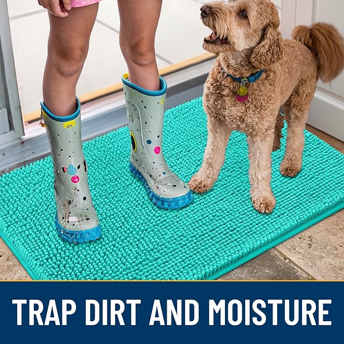 Smiry Dog Door Mat for Muddy Paws 24x16, Absorbs Moisture and Dirt Doormat, Non-Slip Washable Quick Dry Chenille Front Door Mat Indoor Entrance, Entryway Carpet for Inside Floor, Teal