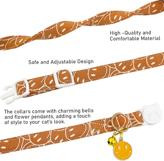 2 Pack Cotton Breakaway Cat Collars Set with Bell and Flower Pendant, Cute Floral Fruit Patterned, Adjustable 7.5-11Inch, Include A Mouse Toy Gift (Smile face)