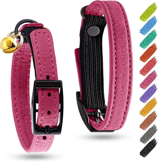 Leather Cat Collar with Bell and Safety Elastic Strap Breakaway Alternative for Small & Large Kittens, Stylish Pet Leather Collar for Boy, Girl Cats with Metal Buckle & QR ID Tag (Pink)
