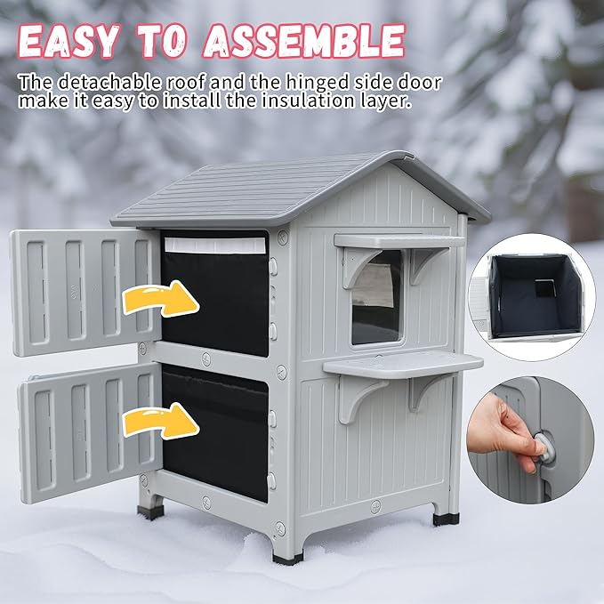 Plastic Outdoor Cat House - Cat House for Outside with Insulated Liner for Winter，100% Weatherproof Cat Houses for with Escape Door, Feral Cat Shelter for Porch Barns Strays