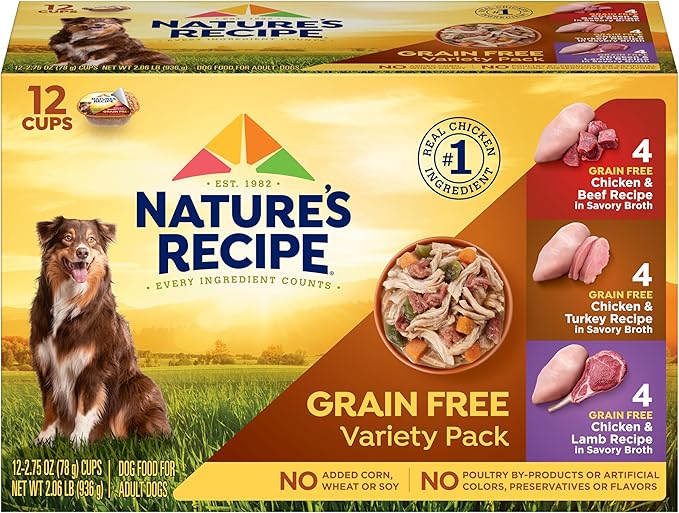 Nature's Recipe Grain Free Wet Dog Food Variety Pack, Chicken Recipes with Beef, Turkey & Lamb in Savory Broth, 2.75 oz. Cups (Pack of 12), 2 Count