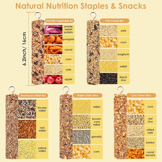 KATUMO Parrot Treats 5 PCS Bird Crunch Sticks Cockatiel Treats Parakeet Snacks Conure Food Sticks for Parakeet Cockatiel Canary Finch Lovebird Conure Lorikeet Parrots