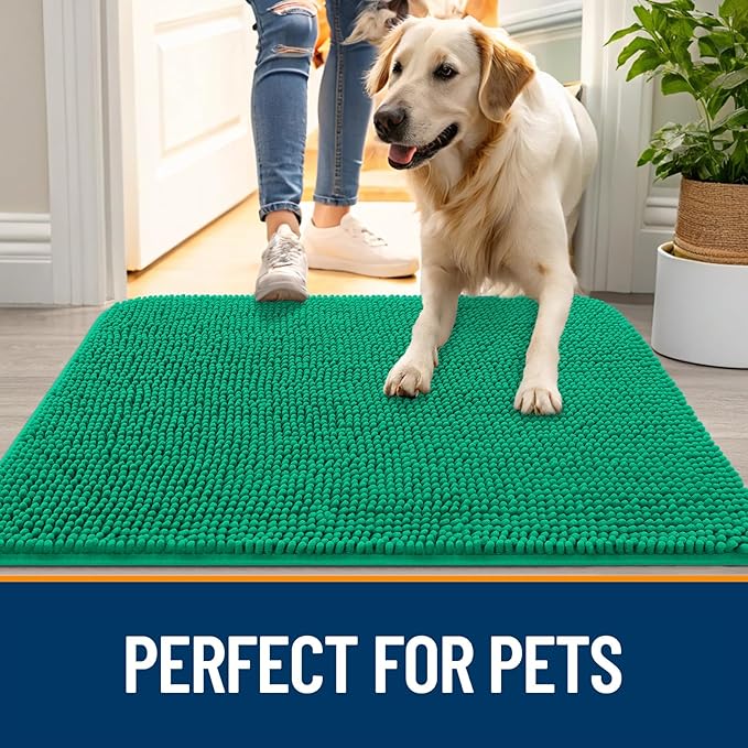 OLANLY Dog Door Mat for Muddy Paws 30x20, Absorbs Moisture and Dirt, Absorbent Non-Slip Washable Doormat, Quick Dry Chenille Mud Mat, Entry Indoor Entryway Carpet for Inside Floor, Emerald Green