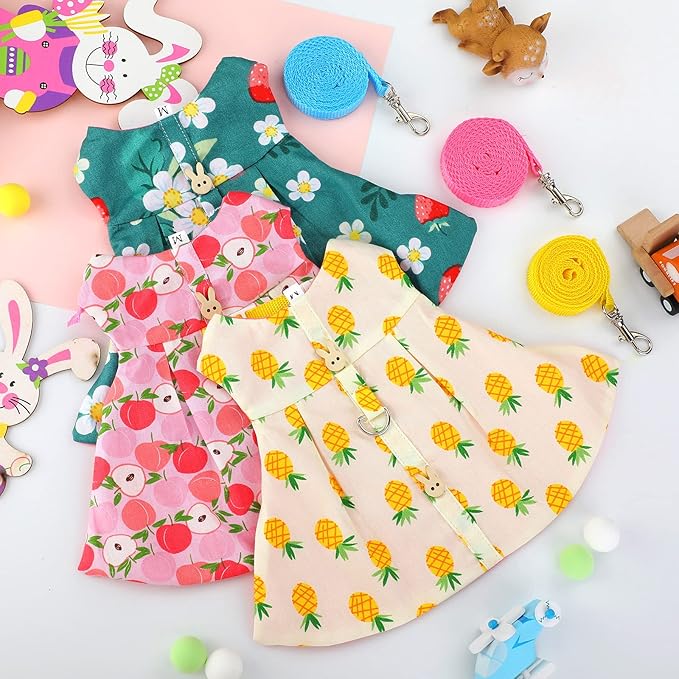 3 Sets Rabbit Bunny Harness and Leash, Cute Easter Bunny Clothes for Rabbits Dress Costume Walking Harness Escape Proof Pet Supply for Hedgehog Ferret Squirrel(Peach, Pineapple, Strawberry)