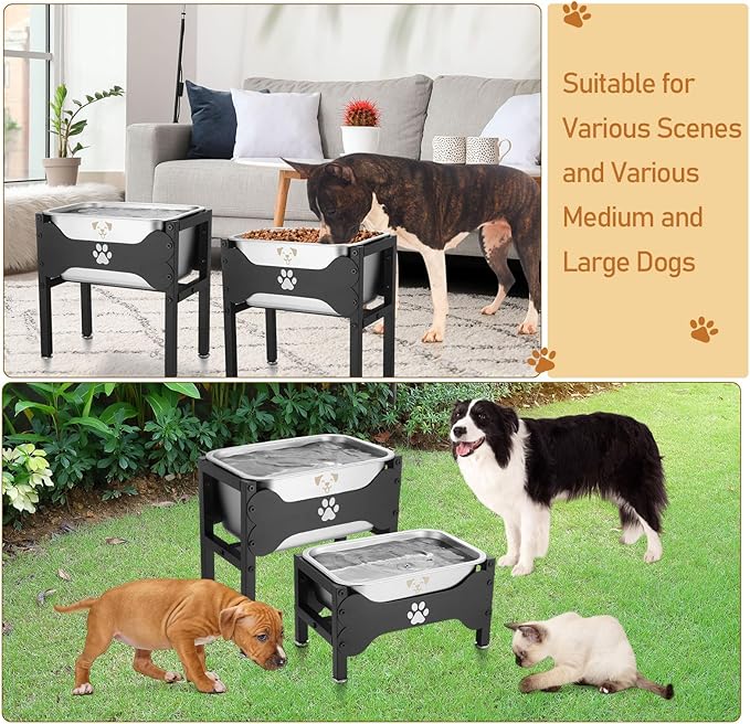 Honeydak 2 Sets Metal Elevated Dog Bowl with Stand Raised Stainless Steel Water Bowl Anti-slip High Capacity Water Food Stand for Small Medium Large Breed Dog Indoor Outdoor(2.64 Gallons,1.25 Gallons)