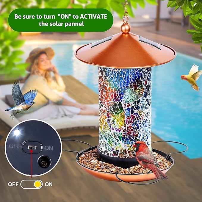 XDW-GIFTS Mosaic Solar Wild Bird Feeder, Waterproof Lantern Shape with S-Hook & 4 LED Lights, Garden Decor for Lawn, Patio, Balcony, Yard Ornament - Unique Gifts for Mom, Women, Grandma, Bird Lovers