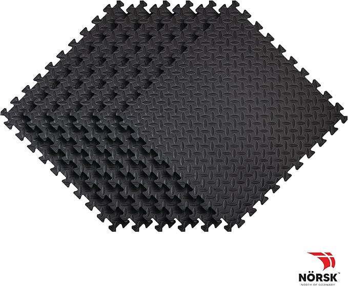 Norsk Foam Floor Gym Mats with Interlocking Tiles, .47" Thick, 24"x24", 54-Pack, 216 Square Feet, Diamond Plate Design, Black