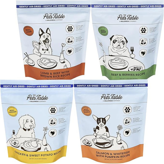 The Pets Table - Air Dried Dog Food Sampler 4 Pack - 16 Ounce Bags of Each: Beef & Berries, Chicken & Sweet Potato, Salmon & Whitefish, and Lamb & Beef - 16 Ounce (Pack of 4)