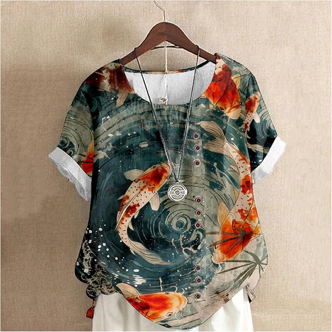 Japanese Print Women Summer Shirts Flower Bird Graphic Plus Size Tunic Tops Crewneck Short Sleeve Blouses